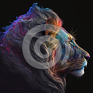 Generative AI Illustration of vibrant portrait of irridescent Lion side profile