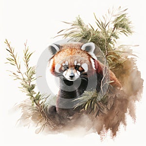 Generative AI illustration of watercolour painting image of endangered Red Panda