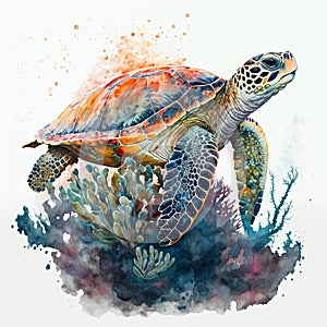 Generative AI illustration of watercolour style image of endangered hawksbill turtle swimming underwater in the ocean