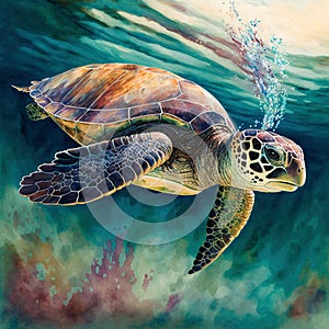 Generative AI illustration of watercolour style image of endangered hawksbill turtle swimming underwater in the ocean