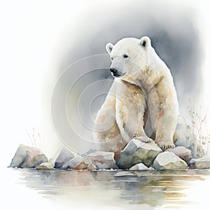 Generative AI illustration of watercolour style image of endangered polar bear on iceberg in ocean concept image