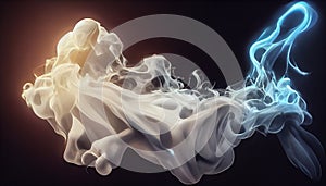 Generative AI illustration of White curve fog, smoke, clouds, fire and dark background with spotlight. Abstract illustration art.