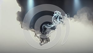 Generative AI illustration of White curve fog, smoke, clouds, fire and dark background with spotlight. Abstract illustration art.