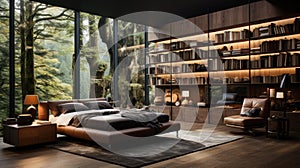 Generative ai illustration of Wonderful Minimalist bedroom with large windows