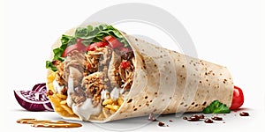 Generative AI illustration of yummy Mexican burrito with salad and tomatoes served with sauce and chicken in pita near onion on