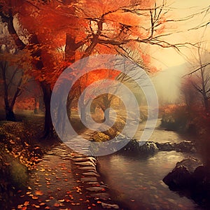Generative AI illustrations, Autumn. Fall scene. Beautiful Autumnal park. Beauty nature scene