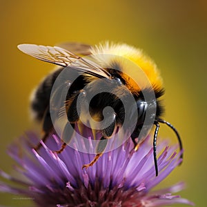 Generative AI illustrations, Bee on a purple flower. Close-up