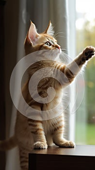 Generative AI illustrations, Brown tabby cat sitting on fluffy rug near window