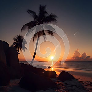 Generative AI illustrations, Dark palm trees silhouettes on colorful tropical ocean sunset background