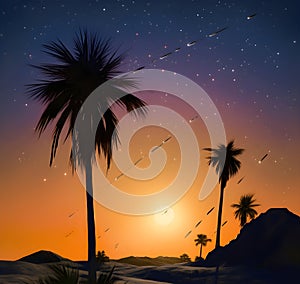 Generative AI illustrations, Dark palm trees silhouettes on colorful tropical ocean sunset background