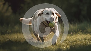 Generative AI illustrations, happy pet dog puppy running in the grass and playing with a tennis ball.