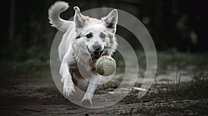 Generative AI illustrations, happy pet dog puppy running in the grass and playing with a tennis ball.