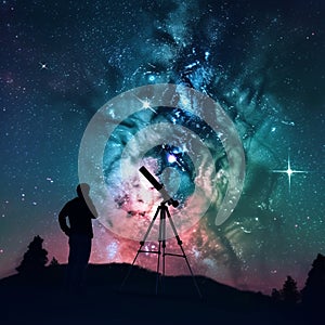 Generative AI illustrations, Man with astronomy telescope looking at the night sky, stars, planets