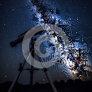 Generative AI illustrations, Silhouette of telescope and starry night sky in background.