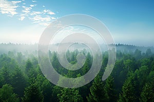 Generative AI Image of Aerial View of Green Trees in Forest with Misty Sky at Daytime