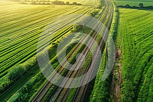 Generative AI Image of Aerial View of Railroad Track in the Middle of Green Meadow