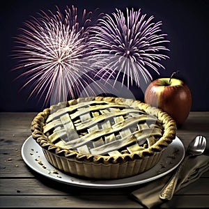 Generative AI image of apple pie and fireworks