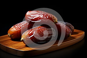 Generative AI Image of Arabian Dates Fruit on Wooden Board with Dark Background