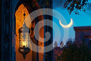 Generative AI Image of Arabian Islamic Lantern Hanging on a Window with Crescent Moon at Night