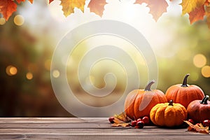 Generative AI Image of Autumn Background with Pumpkins and Maple Leaves on Wooden Table