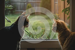 Generative AI Image of Back View of Two Cats Looking at Grass From the Window