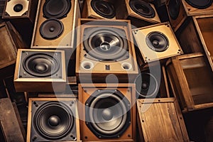 Generative AI image background of a large stack of wooden vintage music audio speakers