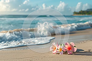 Generative AI Image of Balinese Frangipani Flower by the Beach with Sea Waves in Summer
