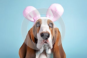 Generative Ai image of a basset hound wearing easter bunny ears