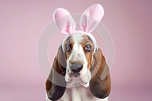Generative Ai image of a basset hound wearing easter bunny ears