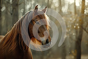 Generative AI Image of Beautiful Brown Horse Equine Animal with Long Hair Mane in Forest