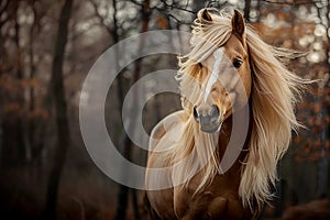 Generative AI Image of Beautiful Brown Horse Equine Animal with Long Hair Mane in Forest