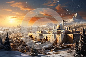 Generative AI Image of Beautiful City View in Jerusalem Israel with Snowfall at Sunset