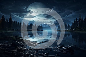 Generative AI Image of Beautiful Lake Landscape with Full Moon in the Sky at Night
