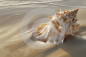 Generative AI Image of Beautiful Sea Shell on Beach Sand with Water Waves