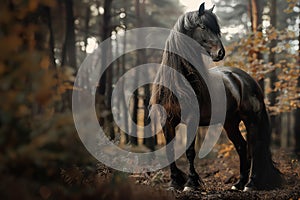 Generative AI Image of Black Horse Equine Animal with Long Hair Mane Standing in Forest