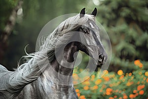 Generative AI Image of Black Horse Equine Animal with Long Hair Mane Standing in Forest