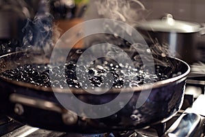 Generative AI Image of Black Soybean Seeds in Pan Boiled on the Stove with Boiling Water