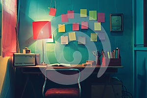 Generative AI Image of Blank Sticky Notes Sticked on the Blue Wall in Study Room