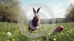 Generative Ai image of a brown easter bunny in grass