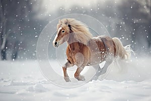 Generative AI Image of Brown Horse Animal Running on Snowy Land in Winter Season