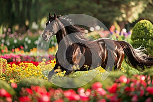 Generative AI Image of Brown Horse Equine Animal Running Fast in Flower Park in Spring