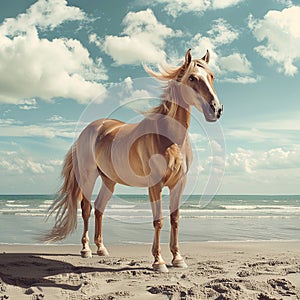 Generative AI Image of Brown Horse Equine Animal Standing by the Beach in Summer