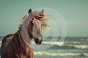 Generative AI Image of Brown Horse Equine Animal Standing by the Beach in Summer
