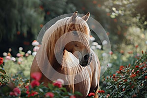 Generative AI Image of Brown Horse Equine Animal Standing in Flower Park in Spring