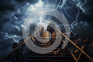 Generative AI Image of Businessman Walking Up Stairs with Thunderbolts in the Sky photo