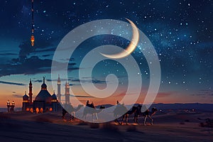 Generative AI Image of Camel with Mosque in the Desert and Crescent in the Sky