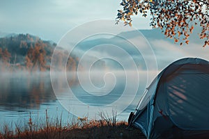 Generative AI Image of Camp Tent by the Lake with Misty Sky