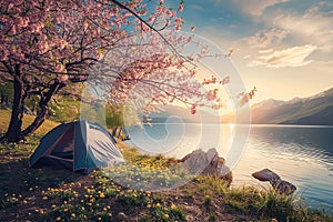 Generative AI Image of Camping Tent by the Lake with Cherry Blossoms in Spring