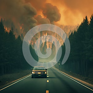 Generative AI image of a car driving on a road escaping a forest fire