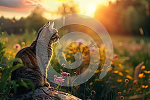 Generative AI Image of Cat Standing on a Rock with Grass in Meadow at Sunrise